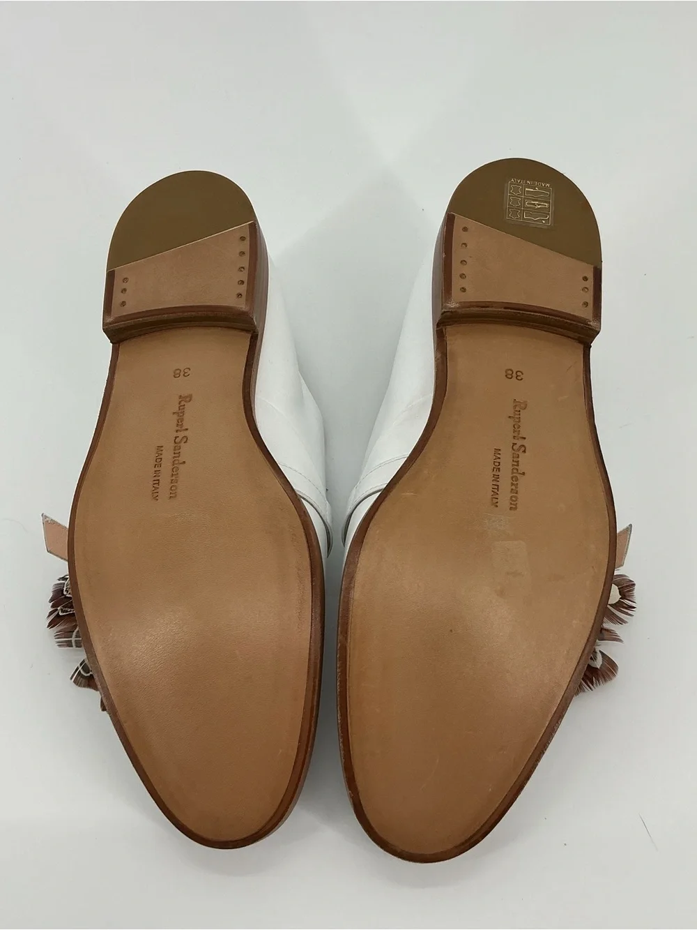 Rupert Sanderson White Leather Feather Embellished Loafers Flats 38
